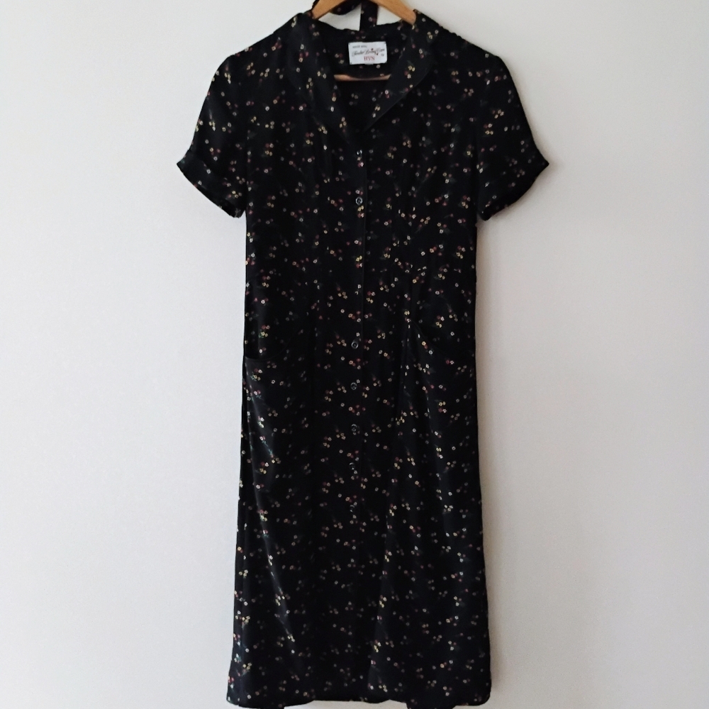 HVN Silk Floral Black Dress Vintage Inspired 50s Pin-Up Belted Collared SIZE 0-2
